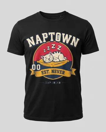 Retro Varsity Graphic Tee, a black tee with a NAPTOWN badge of a sleeping cat