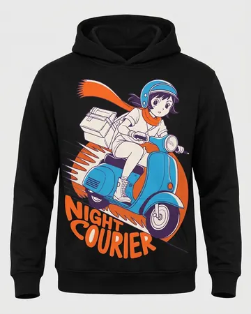 Cropped Hoodie, a black hoodie with a Night Courier print of a rider on a scooter